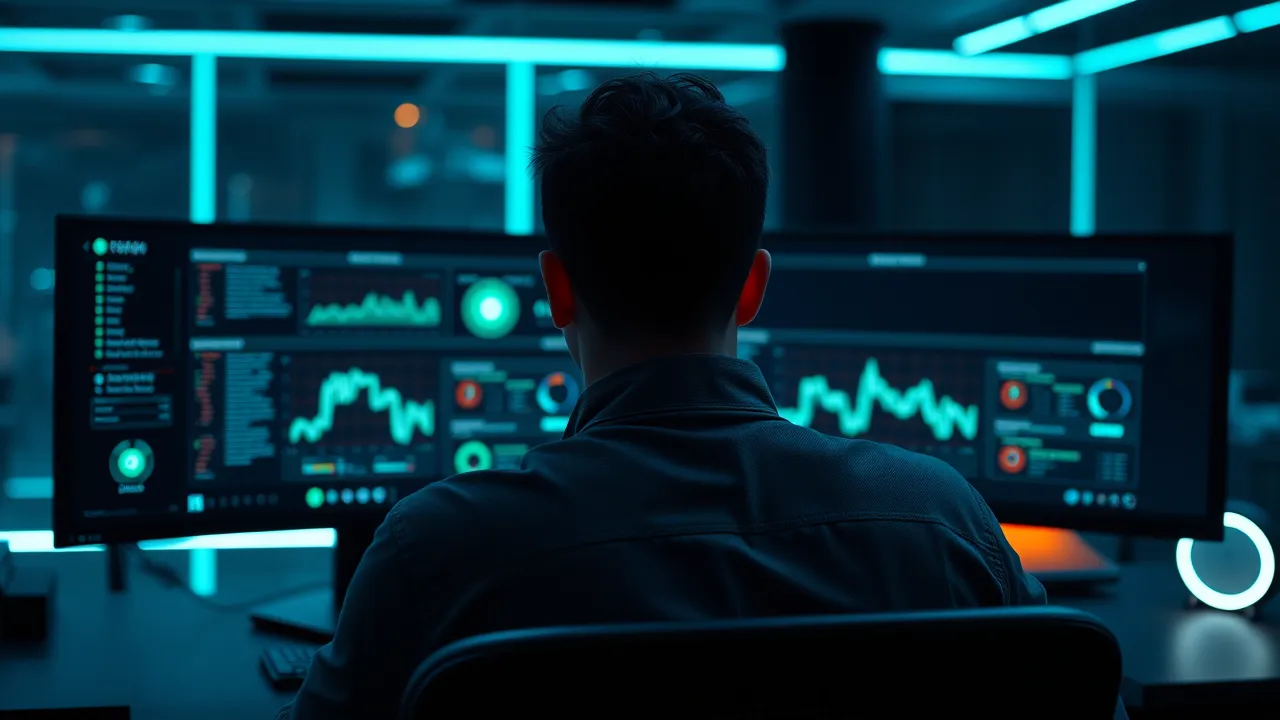 VoidLens dashboard preview — operator at a desk with the seven-department AI workforce overhead